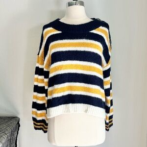 BP Fuzzy Wide Striped Button Shoulder Sweater, Yellow Blue White Wool blend, M